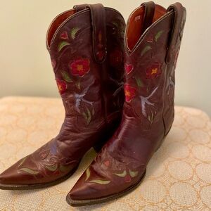 Dan Post Brown and Red Heeled cowboy Boots with Floral Embroidery